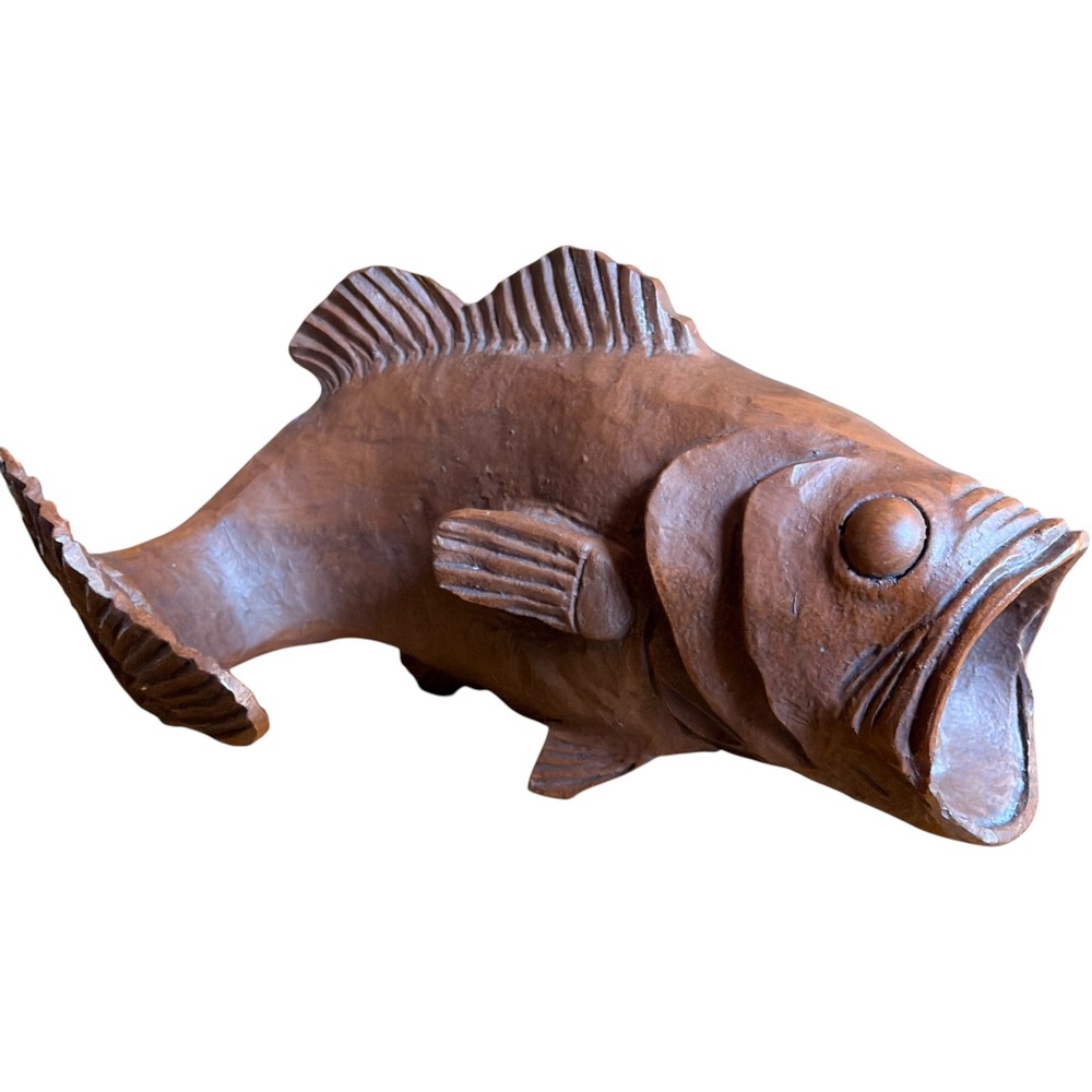 Hand Carved Wooden Resin Fish Sculpture Rustic Bass Figurine Open Mouth Folk Art